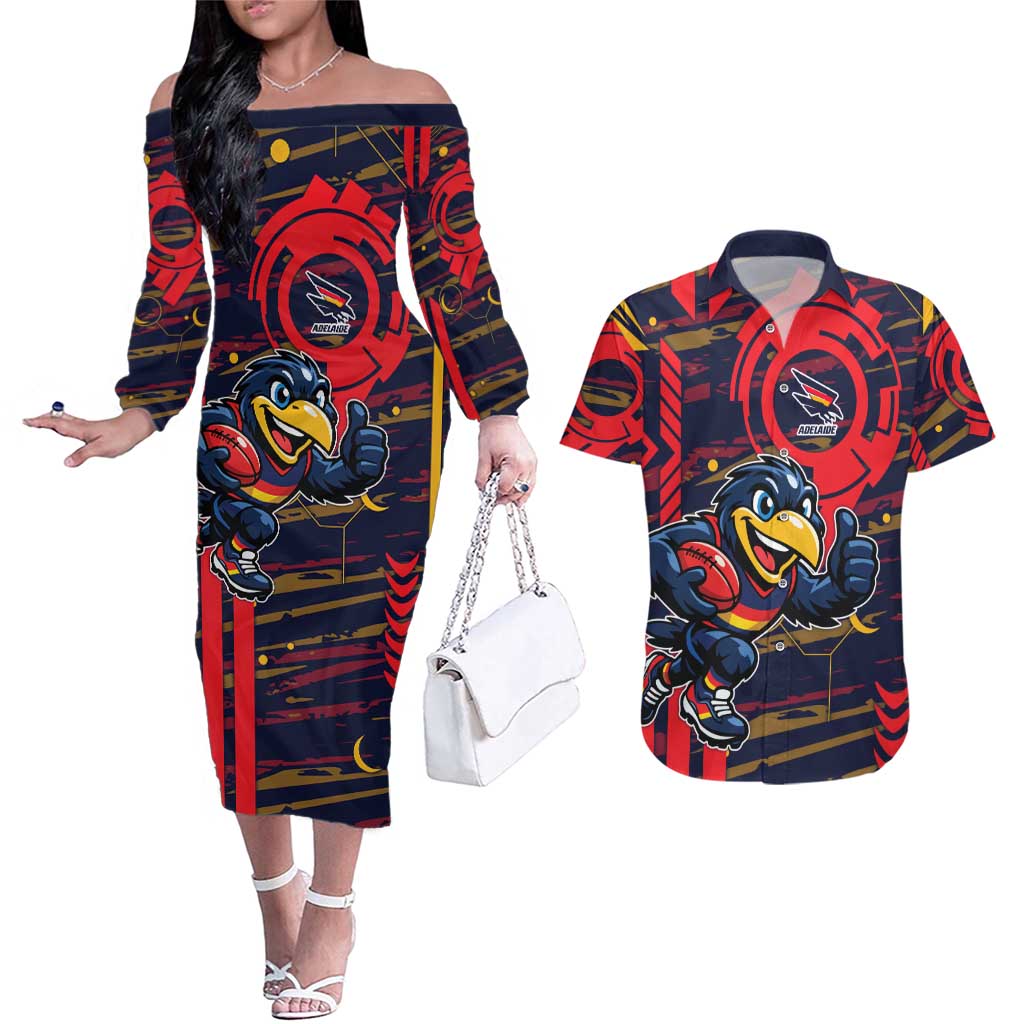 Adelaide Crows Couples Matching Off The Shoulder Long Sleeve Dress and Hawaiian Shirt Mascot Cartoon Football Illustration Style