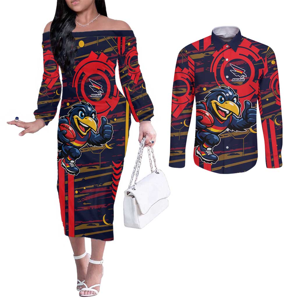 Adelaide Crows Couples Matching Off The Shoulder Long Sleeve Dress and Long Sleeve Button Shirt Mascot Cartoon Football Illustration Style