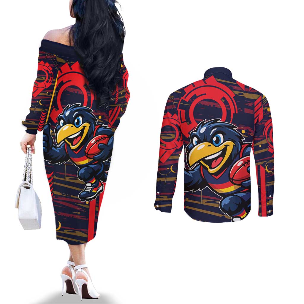 Adelaide Crows Couples Matching Off The Shoulder Long Sleeve Dress and Long Sleeve Button Shirt Mascot Cartoon Football Illustration Style