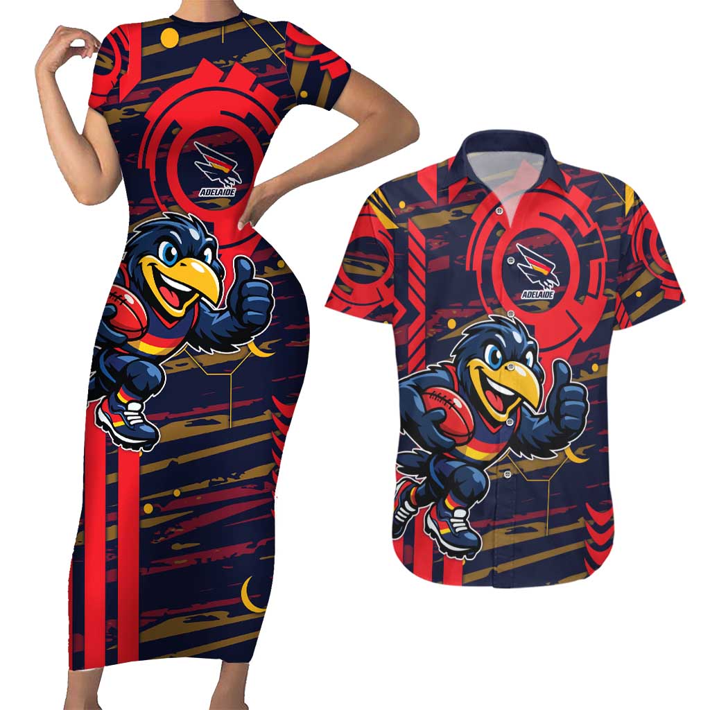 Adelaide Crows Couples Matching Short Sleeve Bodycon Dress and Hawaiian Shirt Mascot Cartoon Football Illustration Style