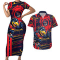 Adelaide Crows Couples Matching Short Sleeve Bodycon Dress and Hawaiian Shirt Mascot Cartoon Football Illustration Style