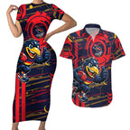 Adelaide Crows Couples Matching Short Sleeve Bodycon Dress and Hawaiian Shirt Mascot Cartoon Football Illustration Style