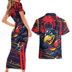 Adelaide Crows Couples Matching Short Sleeve Bodycon Dress and Hawaiian Shirt Mascot Cartoon Football Illustration Style