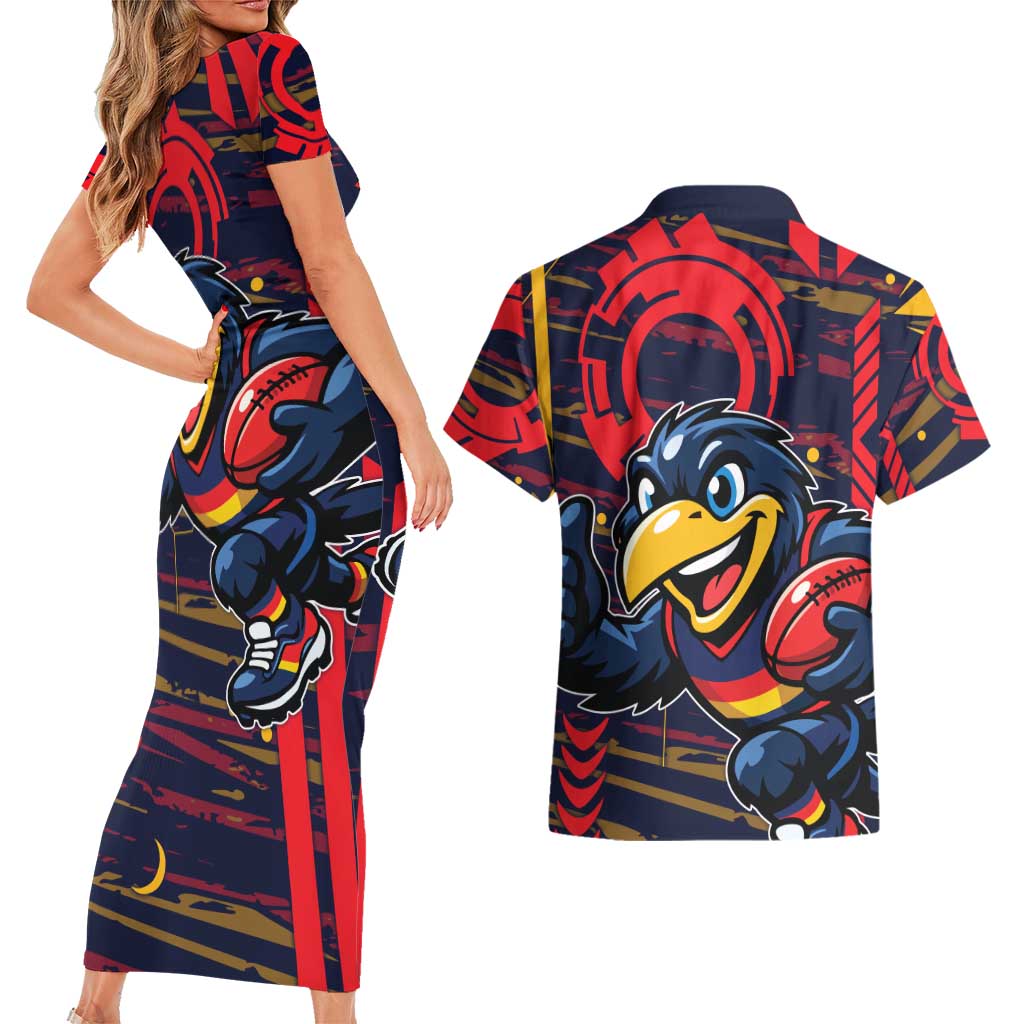 Adelaide Crows Couples Matching Short Sleeve Bodycon Dress and Hawaiian Shirt Mascot Cartoon Football Illustration Style