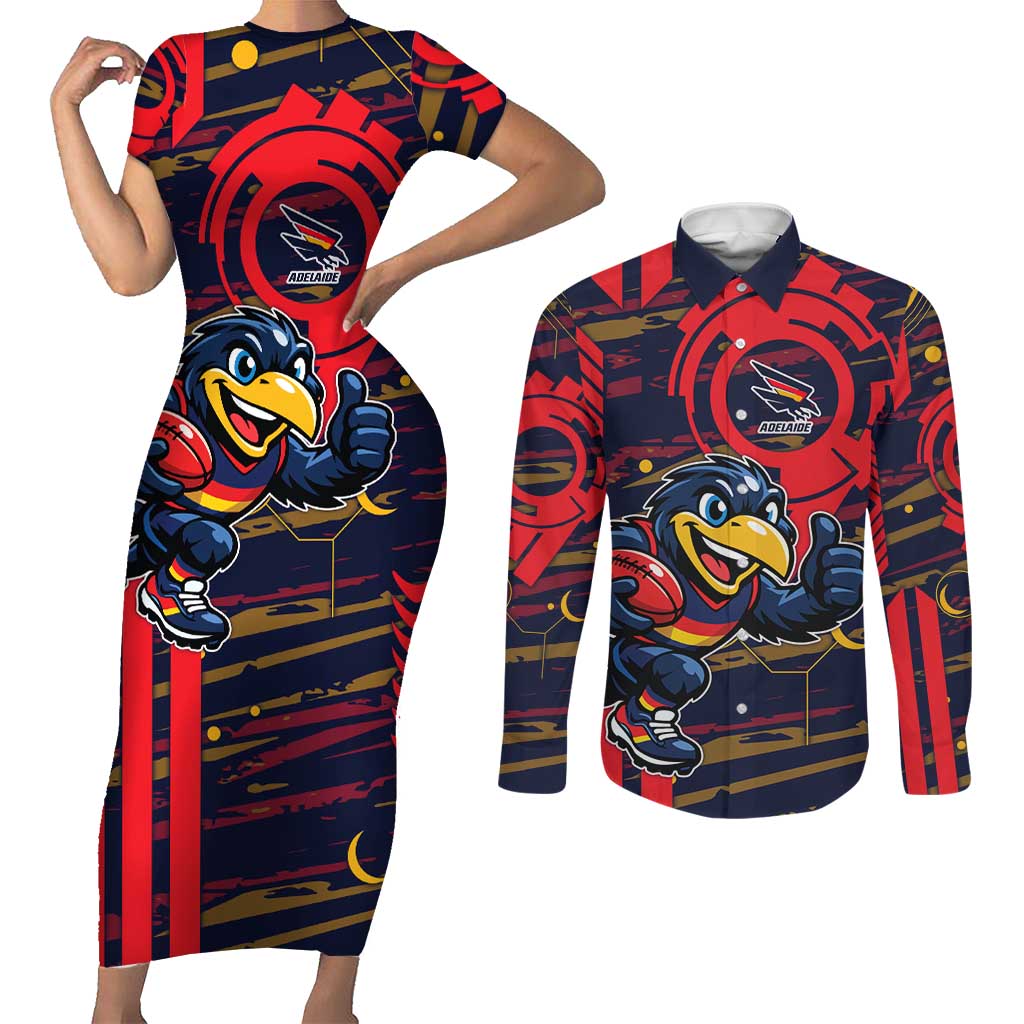 Adelaide Crows Couples Matching Short Sleeve Bodycon Dress and Long Sleeve Button Shirt Mascot Cartoon Football Illustration Style