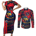 Adelaide Crows Couples Matching Short Sleeve Bodycon Dress and Long Sleeve Button Shirt Mascot Cartoon Football Illustration Style