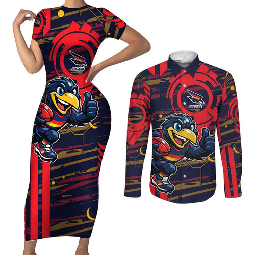 Adelaide Crows Couples Matching Short Sleeve Bodycon Dress and Long Sleeve Button Shirt Mascot Cartoon Football Illustration Style