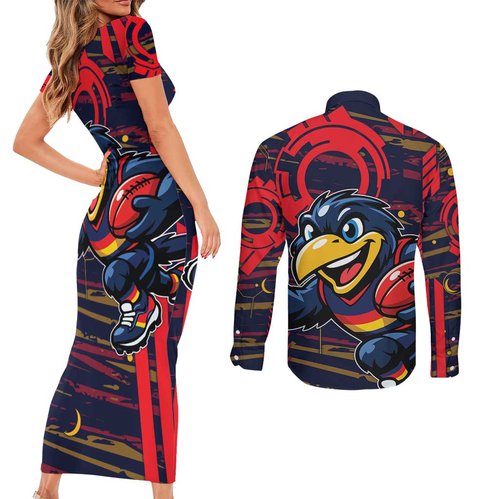 Adelaide Crows Couples Matching Short Sleeve Bodycon Dress and Long Sleeve Button Shirt Mascot Cartoon Football Illustration Style