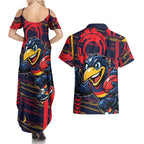 Adelaide Crows Couples Matching Summer Maxi Dress and Hawaiian Shirt Mascot Cartoon Football Illustration Style
