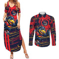 Adelaide Crows Couples Matching Summer Maxi Dress and Long Sleeve Button Shirt Mascot Cartoon Football Illustration Style