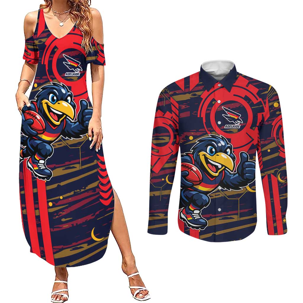 Adelaide Crows Couples Matching Summer Maxi Dress and Long Sleeve Button Shirt Mascot Cartoon Football Illustration Style