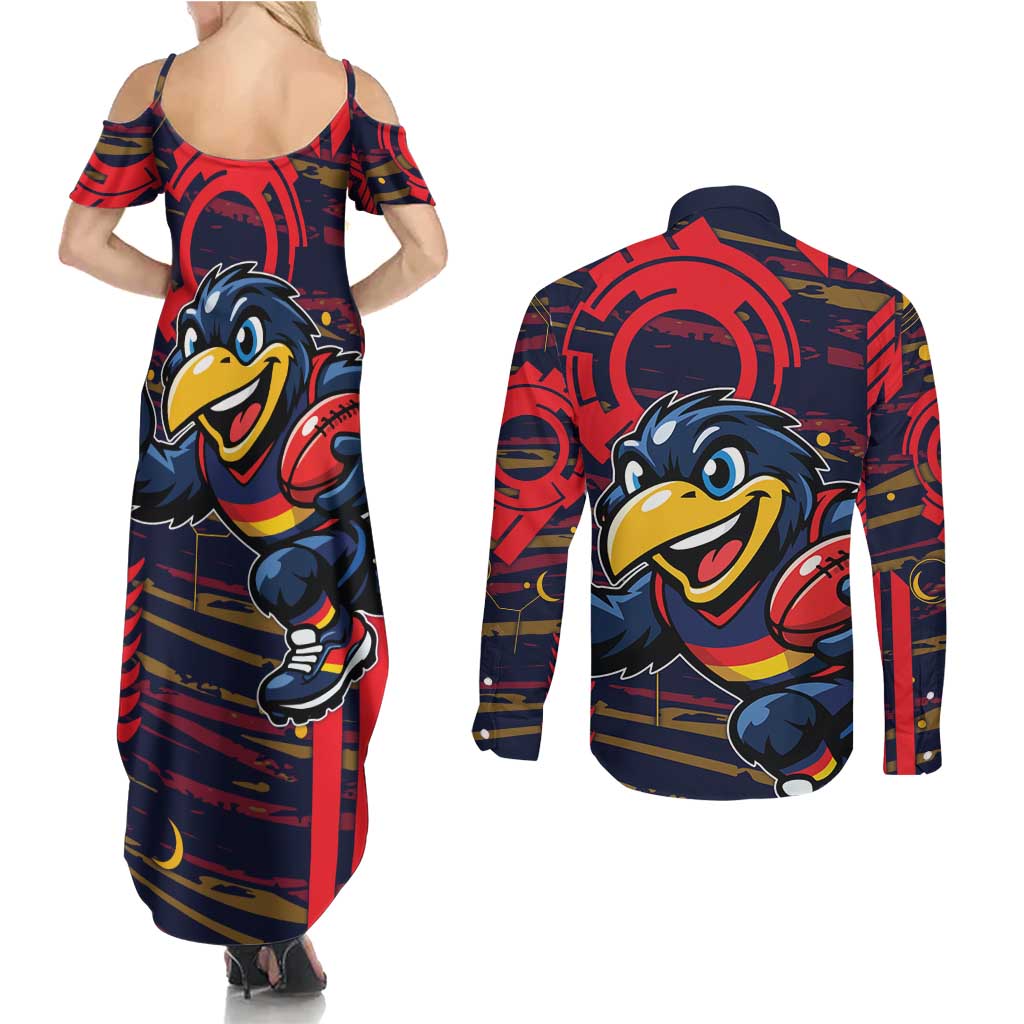 Adelaide Crows Couples Matching Summer Maxi Dress and Long Sleeve Button Shirt Mascot Cartoon Football Illustration Style