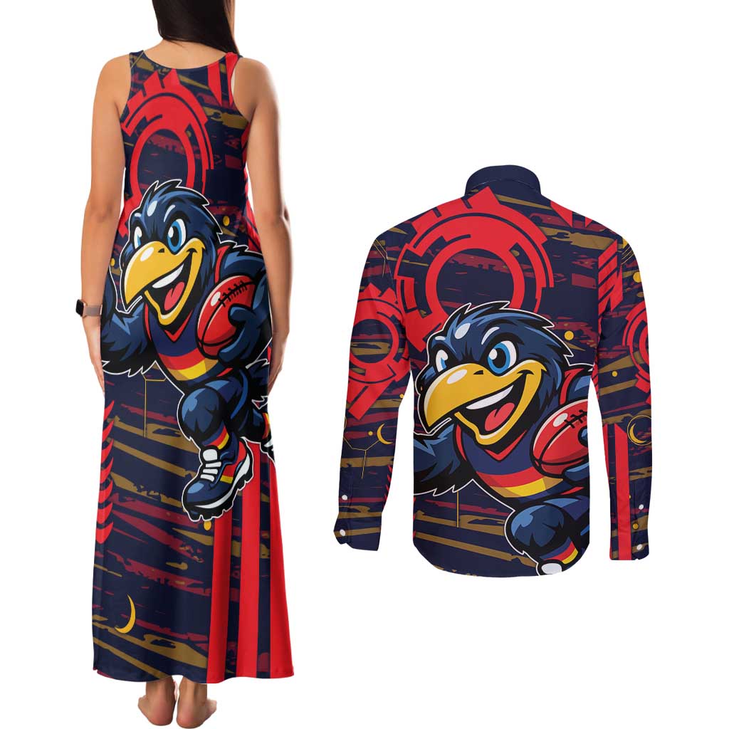 Adelaide Crows Couples Matching Tank Maxi Dress and Long Sleeve Button Shirt Mascot Cartoon Football Illustration Style