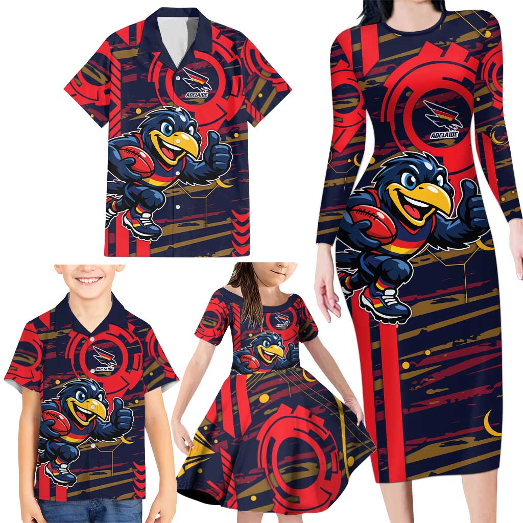 Adelaide Crows Family Matching Long Sleeve Bodycon Dress and Hawaiian Shirt Mascot Cartoon Football Illustration Style