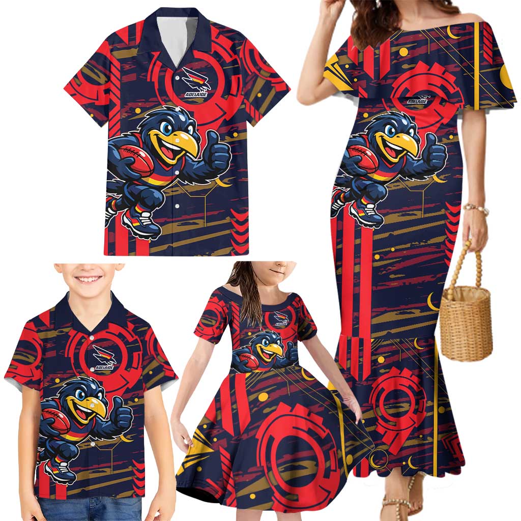 Adelaide Crows Family Matching Mermaid Dress and Hawaiian Shirt Mascot Cartoon Football Illustration Style