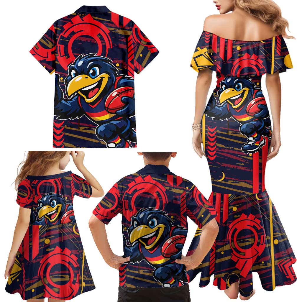 Adelaide Crows Family Matching Mermaid Dress and Hawaiian Shirt Mascot Cartoon Football Illustration Style