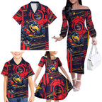 Adelaide Crows Family Matching Off The Shoulder Long Sleeve Dress and Hawaiian Shirt Mascot Cartoon Football Illustration Style