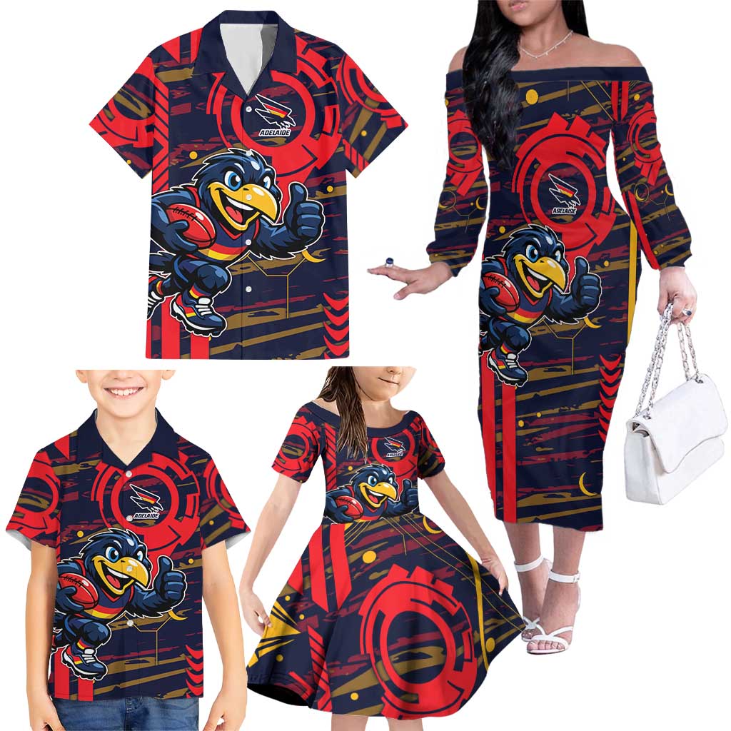 Adelaide Crows Family Matching Off The Shoulder Long Sleeve Dress and Hawaiian Shirt Mascot Cartoon Football Illustration Style