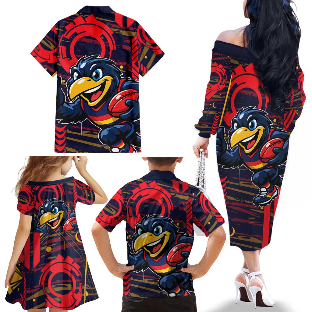 Adelaide Crows Family Matching Off The Shoulder Long Sleeve Dress and Hawaiian Shirt Mascot Cartoon Football Illustration Style