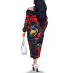 Adelaide Crows Family Matching Off The Shoulder Long Sleeve Dress and Hawaiian Shirt Mascot Cartoon Football Illustration Style