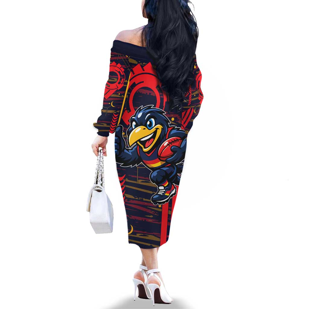 Adelaide Crows Family Matching Off The Shoulder Long Sleeve Dress and Hawaiian Shirt Mascot Cartoon Football Illustration Style