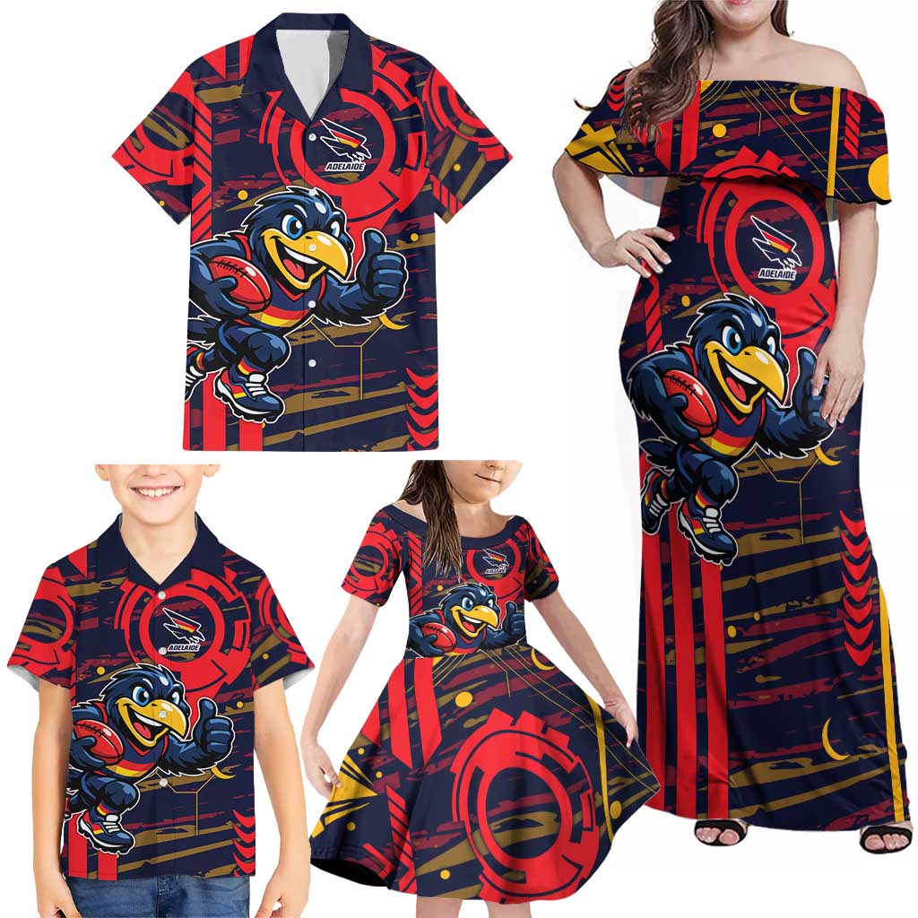 Adelaide Crows Family Matching Off Shoulder Maxi Dress and Hawaiian Shirt Mascot Cartoon Football Illustration Style