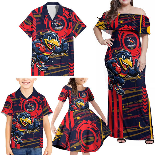 Adelaide Crows Family Matching Off Shoulder Maxi Dress and Hawaiian Shirt Mascot Cartoon Football Illustration Style