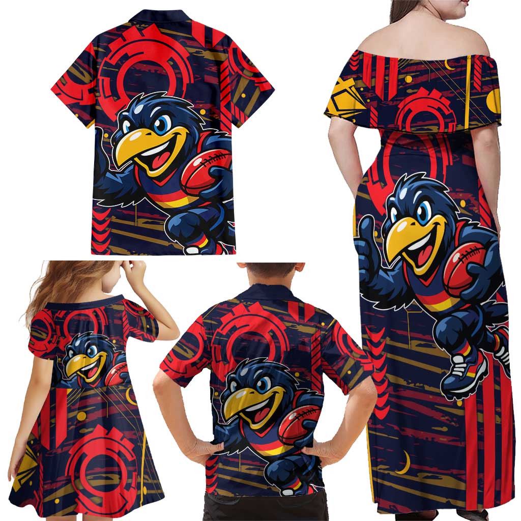 Adelaide Crows Family Matching Off Shoulder Maxi Dress and Hawaiian Shirt Mascot Cartoon Football Illustration Style