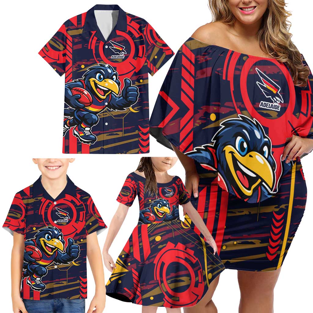Adelaide Crows Family Matching Off Shoulder Short Dress and Hawaiian Shirt Mascot Cartoon Football Illustration Style