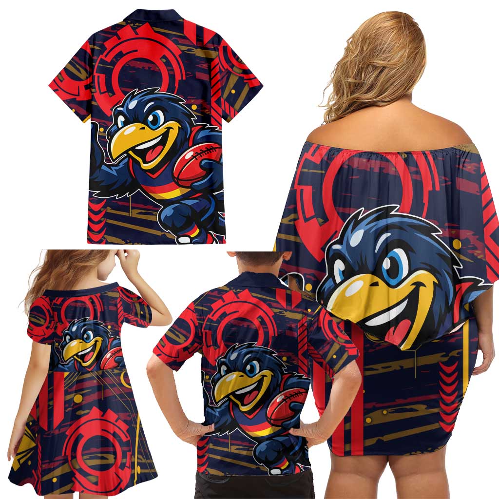 Adelaide Crows Family Matching Off Shoulder Short Dress and Hawaiian Shirt Mascot Cartoon Football Illustration Style