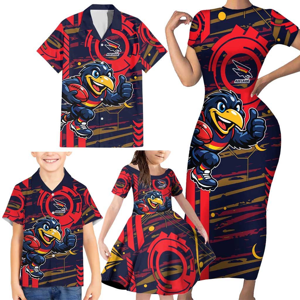 Adelaide Crows Family Matching Short Sleeve Bodycon Dress and Hawaiian Shirt Mascot Cartoon Football Illustration Style