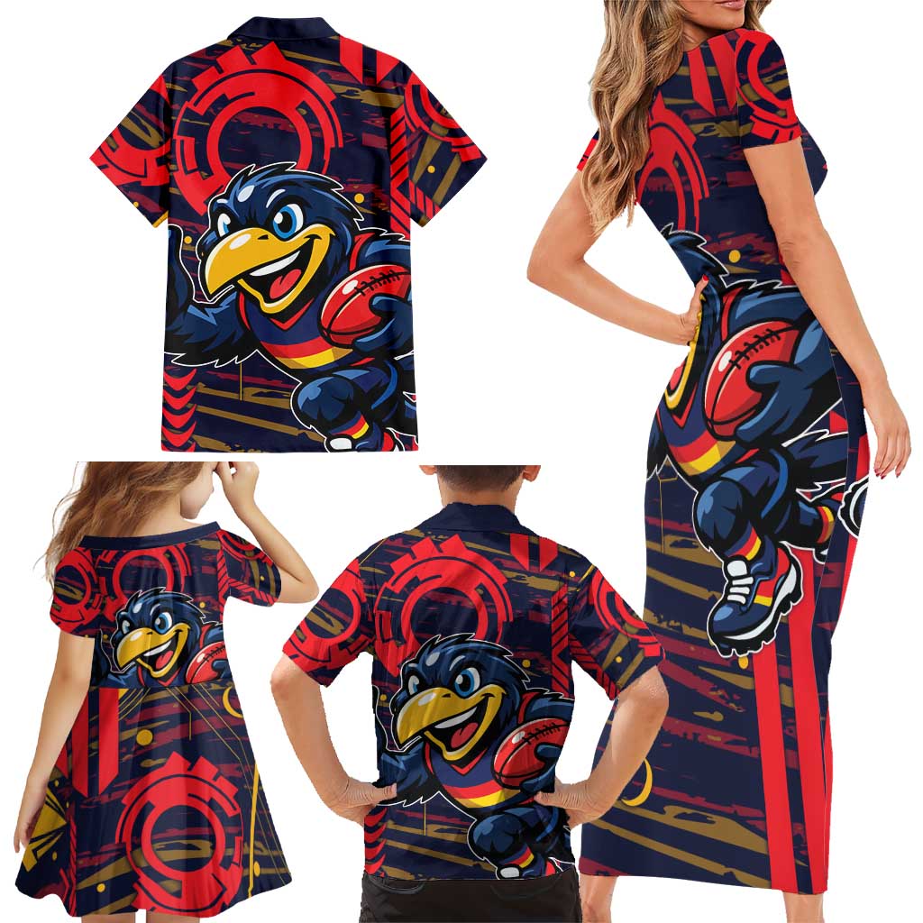 Adelaide Crows Family Matching Short Sleeve Bodycon Dress and Hawaiian Shirt Mascot Cartoon Football Illustration Style