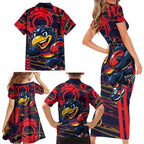 Adelaide Crows Family Matching Short Sleeve Bodycon Dress and Hawaiian Shirt Mascot Cartoon Football Illustration Style
