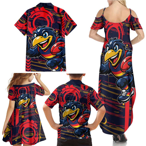 Adelaide Crows Family Matching Summer Maxi Dress and Hawaiian Shirt Mascot Cartoon Football Illustration Style