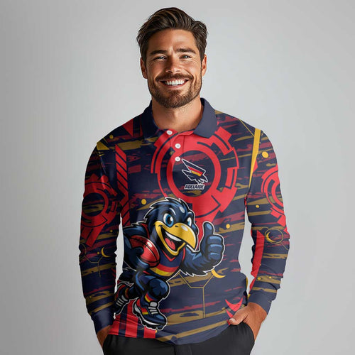 Adelaide Crows Long Sleeve Polo Shirt Mascot Cartoon Football Illustration Style