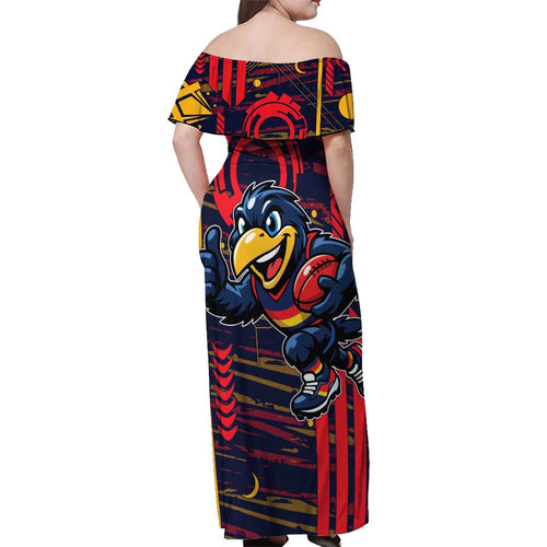 Adelaide Crows Off Shoulder Maxi Dress Mascot Cartoon Football Illustration Style