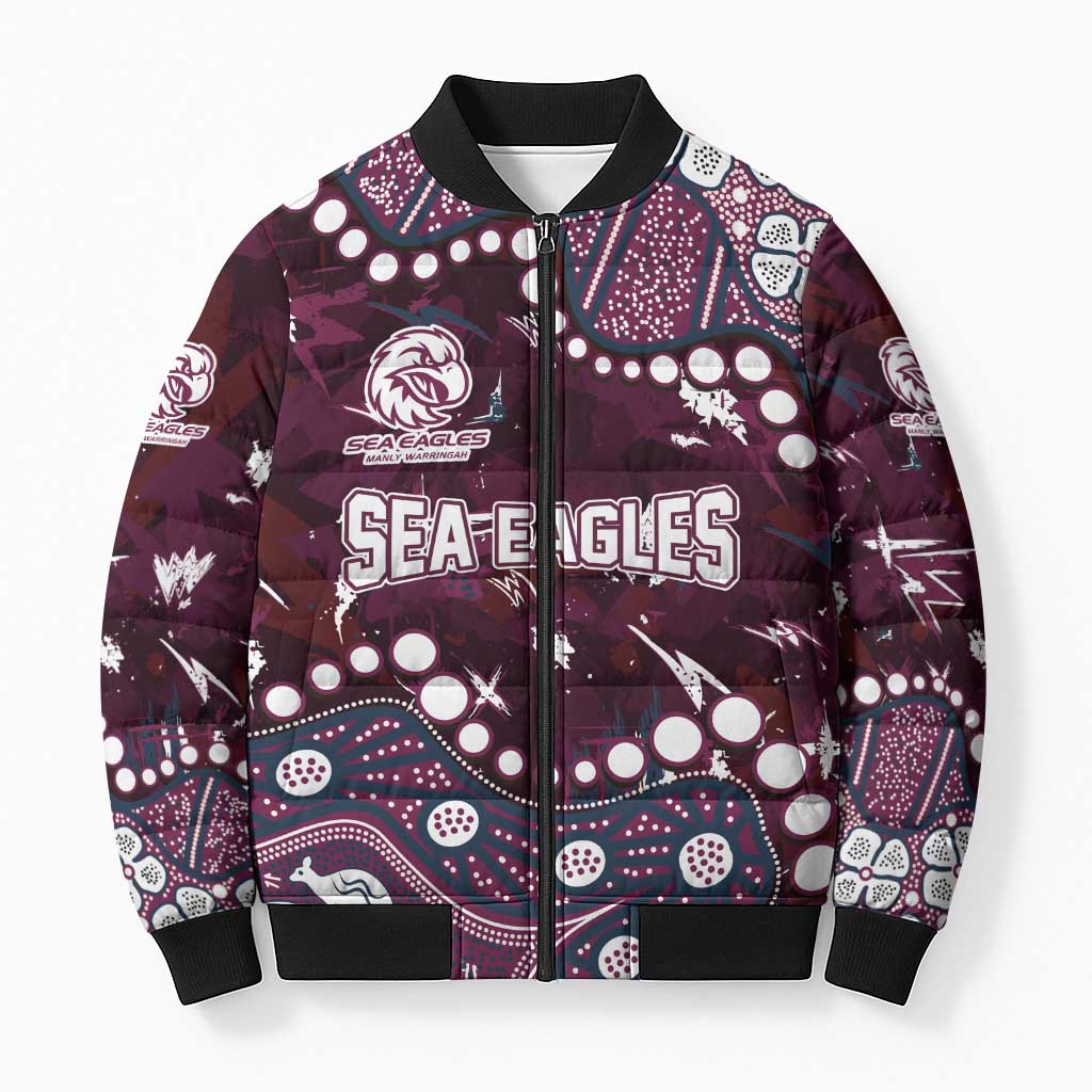 Personalized Manly Warringah Sea Eagles Bomber Puffer Jacket Aboriginal Pattern with Graffiti Style Design