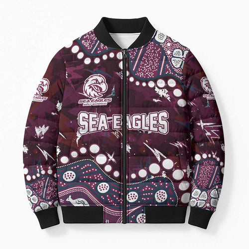 Personalized Manly Warringah Sea Eagles Bomber Puffer Jacket Aboriginal Pattern with Graffiti Style Design