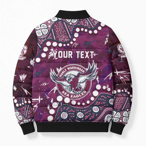 Personalized Manly Warringah Sea Eagles Bomber Puffer Jacket Aboriginal Pattern with Graffiti Style Design
