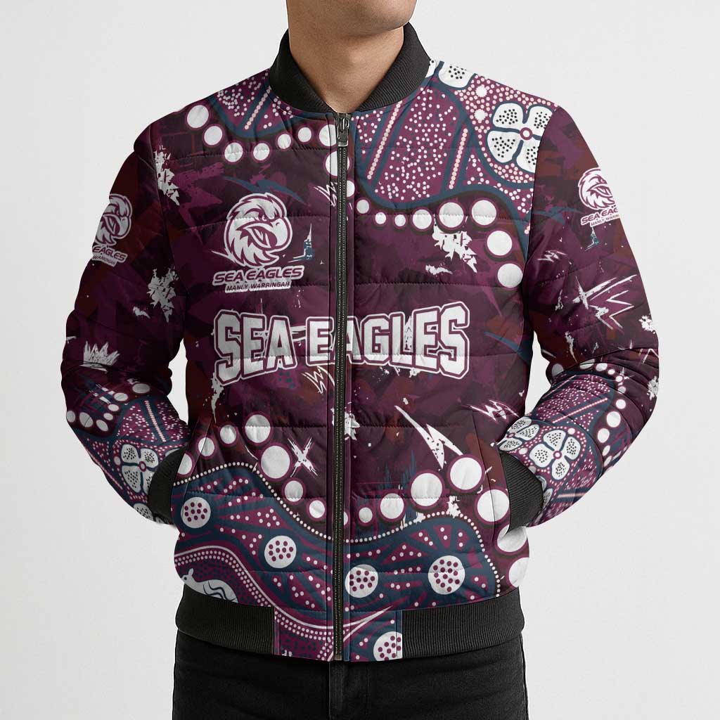 Personalized Manly Warringah Sea Eagles Bomber Puffer Jacket Aboriginal Pattern with Graffiti Style Design