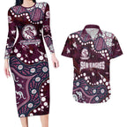 Personalized Manly Warringah Sea Eagles Couples Matching Long Sleeve Bodycon Dress and Hawaiian Shirt Aboriginal Pattern with Graffiti Style Design