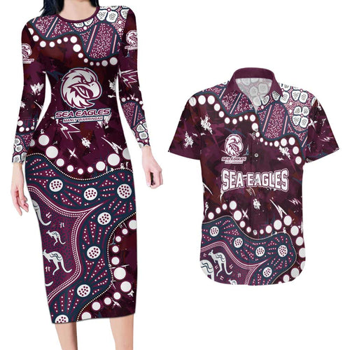 Personalized Manly Warringah Sea Eagles Couples Matching Long Sleeve Bodycon Dress and Hawaiian Shirt Aboriginal Pattern with Graffiti Style Design