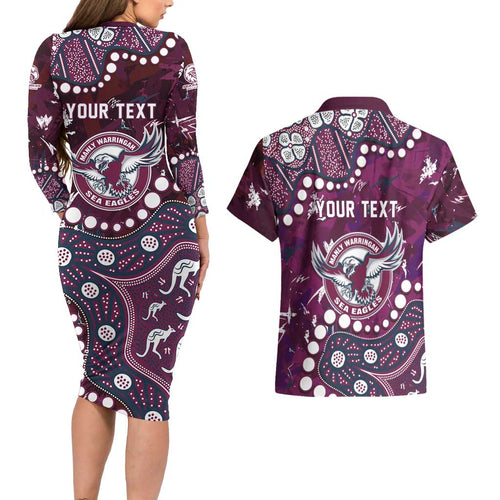 Personalized Manly Warringah Sea Eagles Couples Matching Long Sleeve Bodycon Dress and Hawaiian Shirt Aboriginal Pattern with Graffiti Style Design