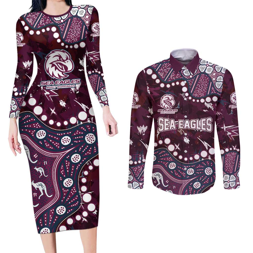 Personalized Manly Warringah Sea Eagles Couples Matching Long Sleeve Bodycon Dress and Long Sleeve Button Shirt Aboriginal Pattern with Graffiti Style Design