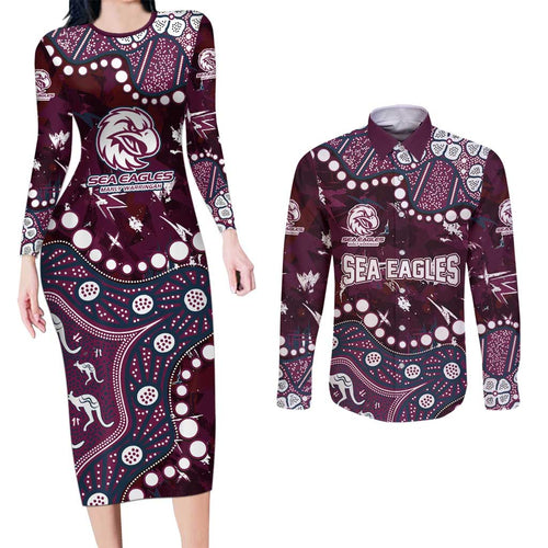 Personalized Manly Warringah Sea Eagles Couples Matching Long Sleeve Bodycon Dress and Long Sleeve Button Shirt Aboriginal Pattern with Graffiti Style Design