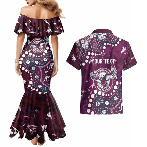 Personalized Manly Warringah Sea Eagles Couples Matching Mermaid Dress and Hawaiian Shirt Aboriginal Pattern with Graffiti Style Design