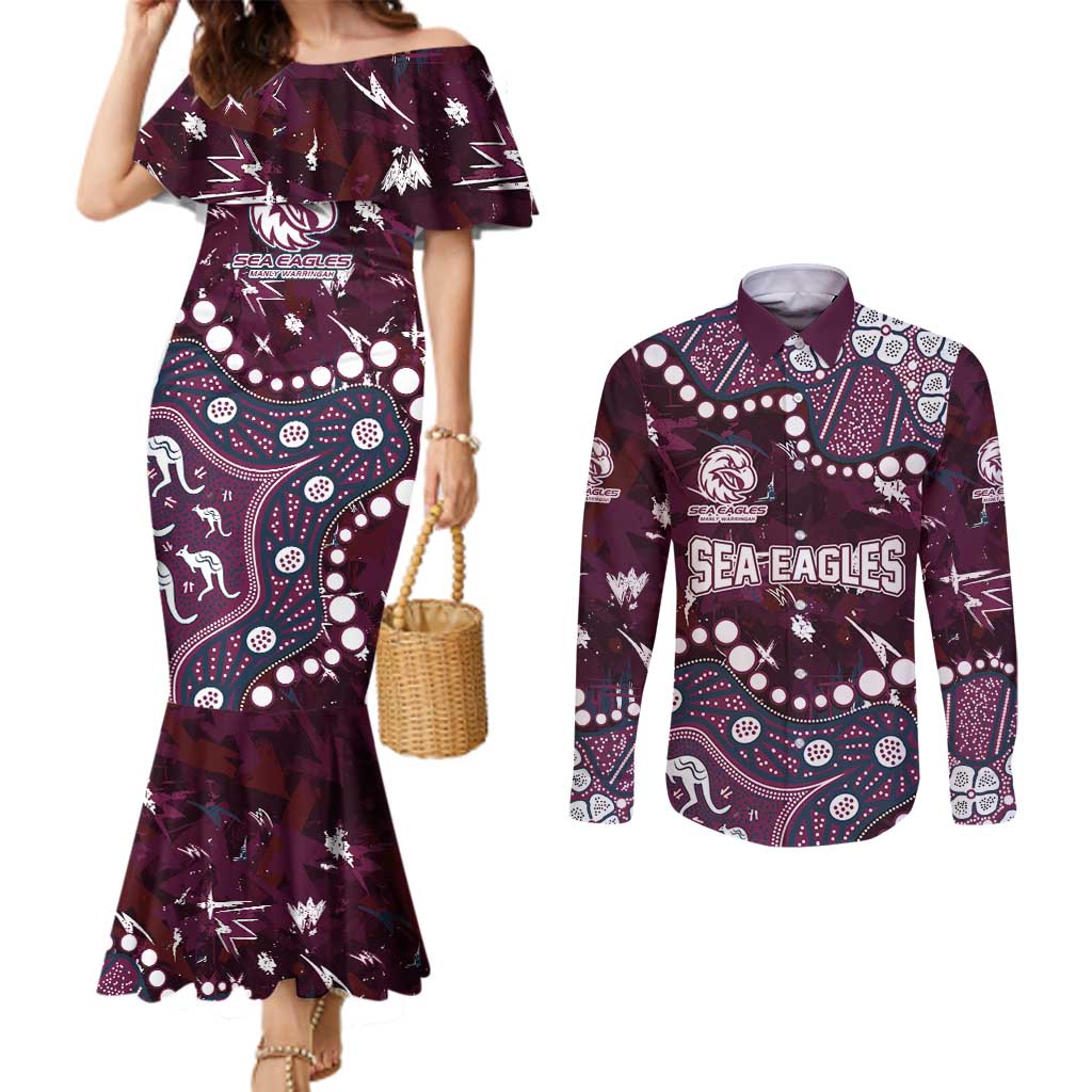 Personalized Manly Warringah Sea Eagles Couples Matching Mermaid Dress and Long Sleeve Button Shirt Aboriginal Pattern with Graffiti Style Design