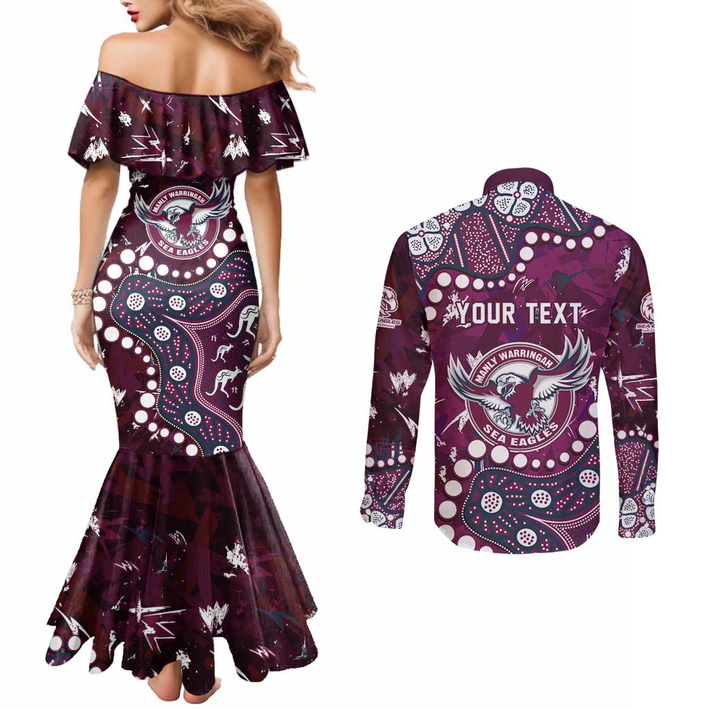 Personalized Manly Warringah Sea Eagles Couples Matching Mermaid Dress and Long Sleeve Button Shirt Aboriginal Pattern with Graffiti Style Design