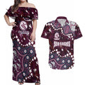 Personalized Manly Warringah Sea Eagles Couples Matching Off Shoulder Maxi Dress and Hawaiian Shirt Aboriginal Pattern with Graffiti Style Design