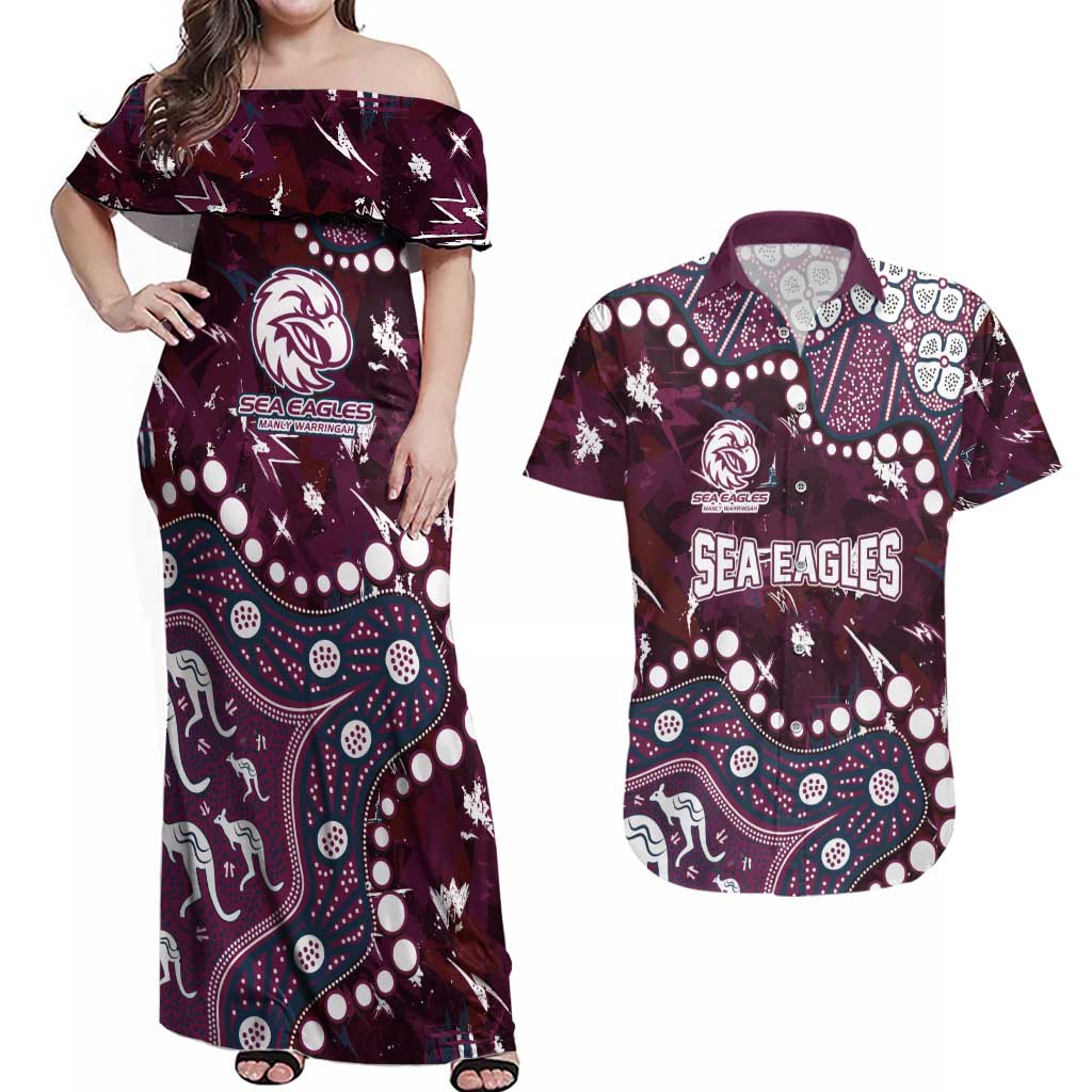 Personalized Manly Warringah Sea Eagles Couples Matching Off Shoulder Maxi Dress and Hawaiian Shirt Aboriginal Pattern with Graffiti Style Design